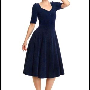 Collectif Navy Blue Dolores Rose Brocade Velvet Swing Dress